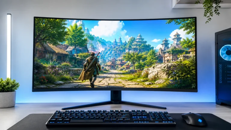 Monitor gaming LG UltraGear 32GS60QC-B 32 inch curbat cu scenă open-world colorată — 1440p 165Hz raport calitate-preț