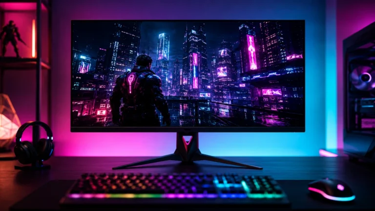 Monitor gaming MSI MPG 321URX QD-OLED 32 inch cu scenă cyberpunk neon — 4K 240Hz contrast infinit OLED