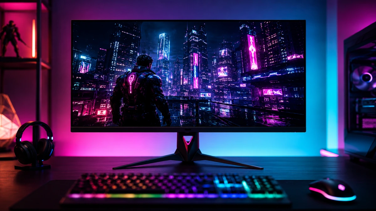 Monitor gaming MSI MPG 321URX QD-OLED 32 inch cu scenă cyberpunk neon — 4K 240Hz contrast infinit OLED