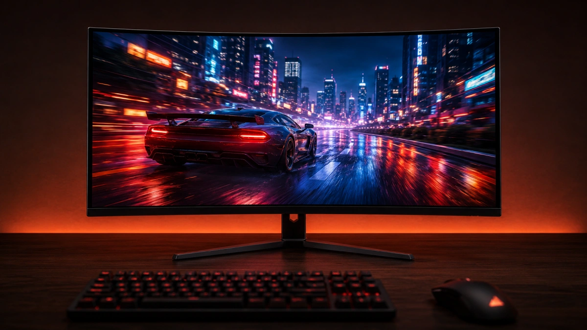 Monitor gaming Samsung Odyssey G7 32 inch curbat 1000R cu scenă racing nocturnă — QLED 1440p 240Hz