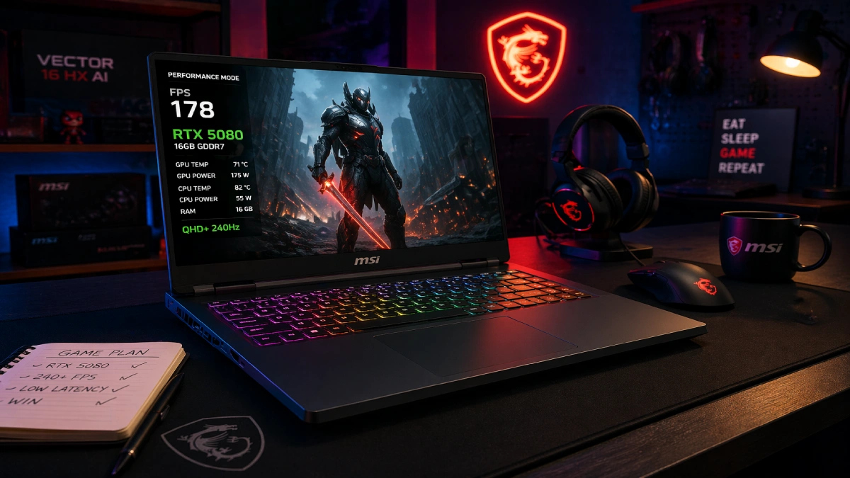 Laptop gaming MSI Vector 16 HX AI cu RTX 5080 pe birou, setup gaming performant cu tastatură RGB și accesorii