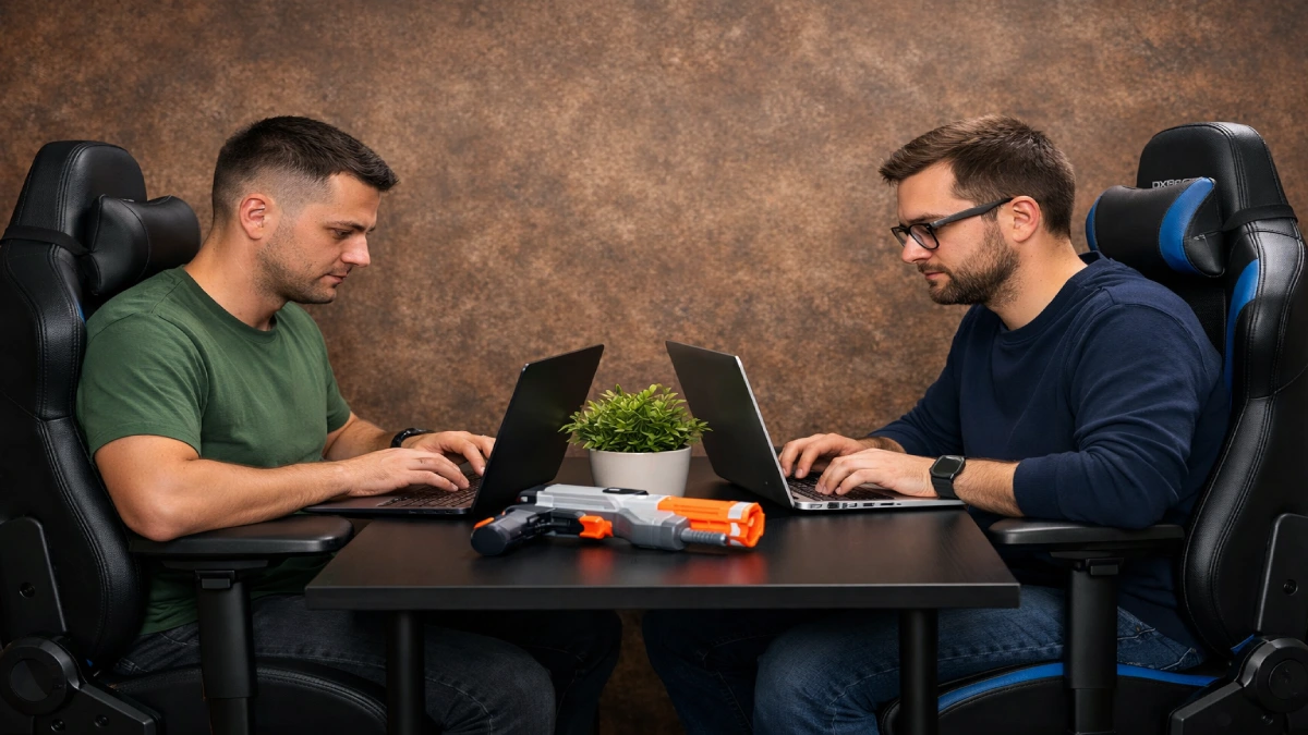 Doi bărbați lucrând la laptopuri, așezați pe scaune de gaming ergonomice, într-un spațiu de birou modern