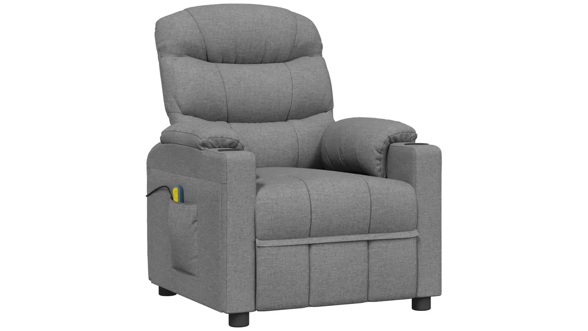 Fotoliul recliner vidaXL 348082, tapițat cu textil gri deschis, cu telecomandă pe lateral, văzut din trei sferturi