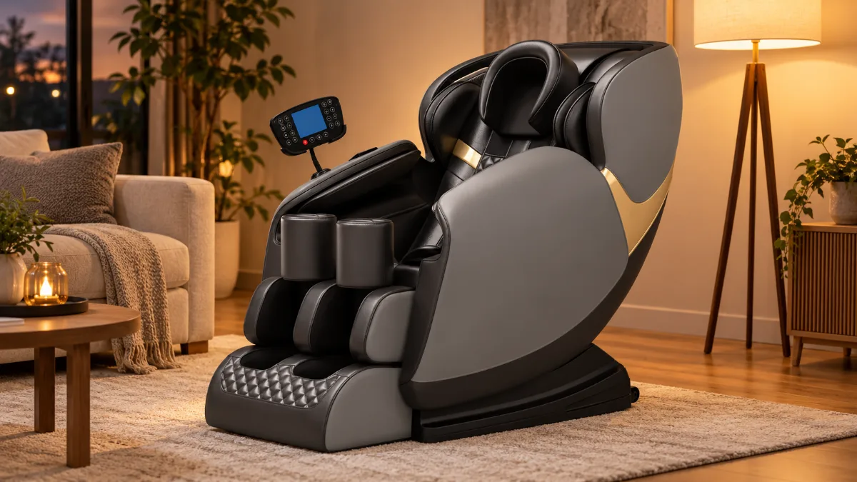 Fotoliul de masaj Vitality Lab Essential, gri cu negru și accente aurii, cu telecomandă cu ecran pe braț, într-un living seara