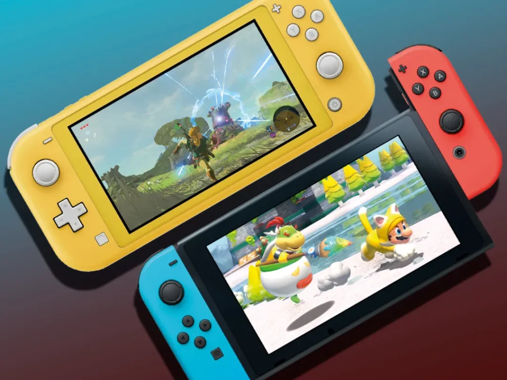 Două console Nintendo Switch afișând jocuri populare