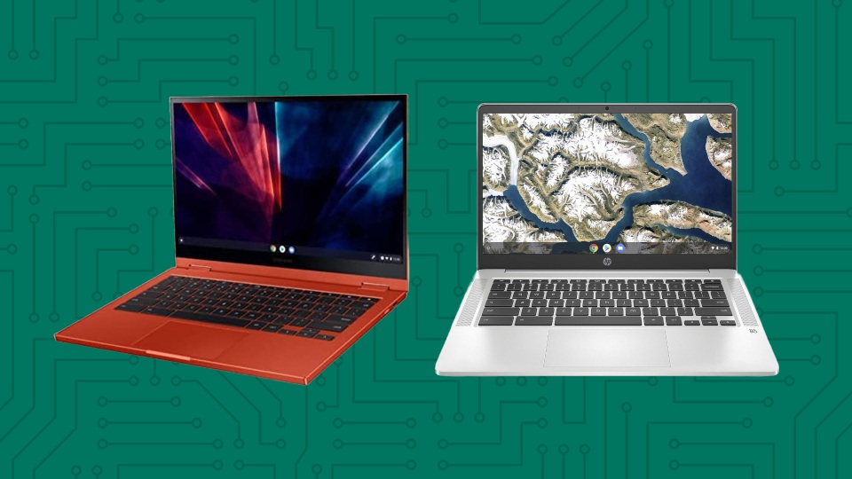 Două Chromebookuri comparate – un model roșu premium și un model argintiu standard