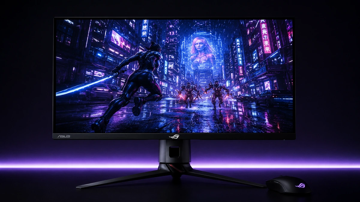 Monitor gaming ASUS ROG Swift OLED PG27UCDM 26.5 inch 4K 240Hz pe fundal întunecat cu iluminare LED violet