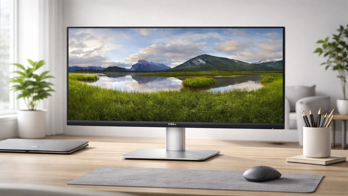 Monitor Dell S2721QS de 27 inch cu rezoluție 4K UHD, afișând un peisaj natural