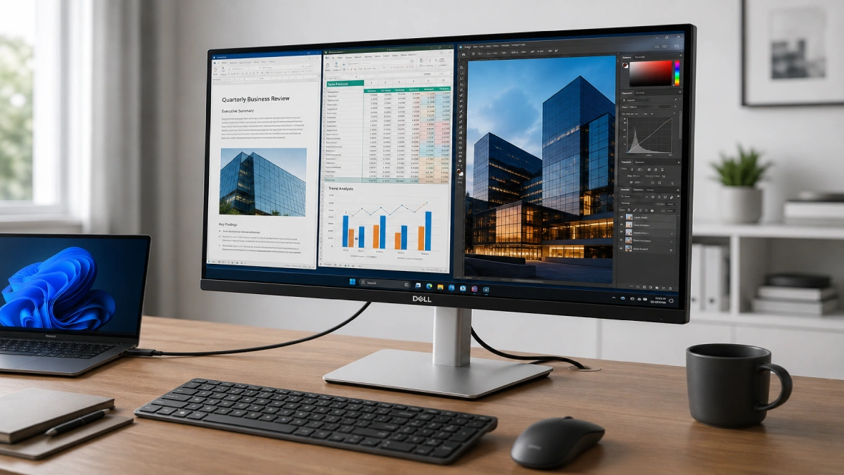 Monitor Dell UltraSharp U2725QE 27 inch 4K conectat la laptop prin Thunderbolt 4 pe birou de home office
