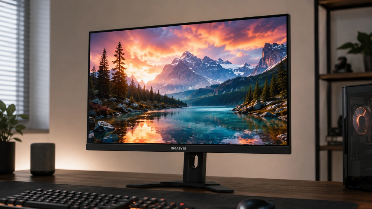 Monitor Gigabyte M27U 27 inch 4K pe birou — setup gaming și productivitate