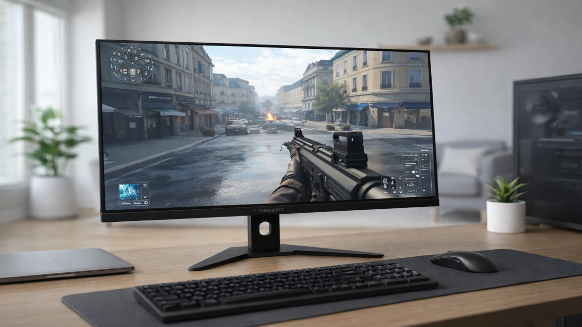 Monitor Gigabyte M27U 4K UHD de 27 inch într-un setup luminos de birou