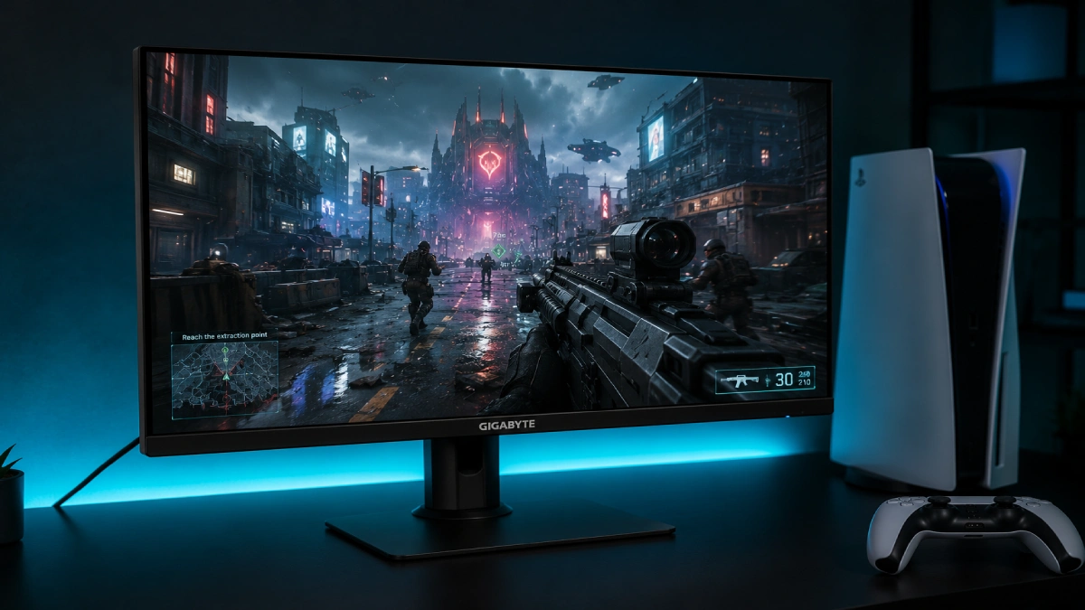 Monitor gaming Gigabyte M28U 28 inch 4K lângă PS5 pe birou gaming cu iluminare LED albastră