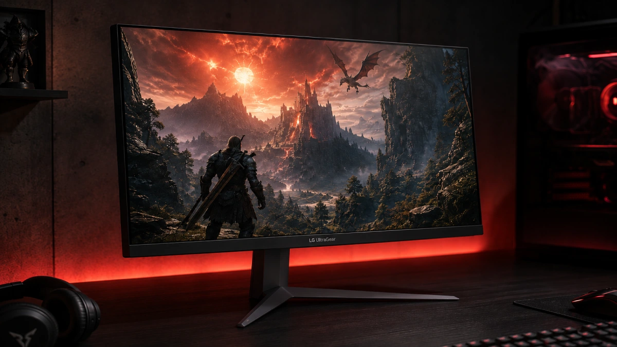Monitor LG UltraGear 27GR93U-B 27 inch 4K pe birou gaming cu iluminare LED roșie
