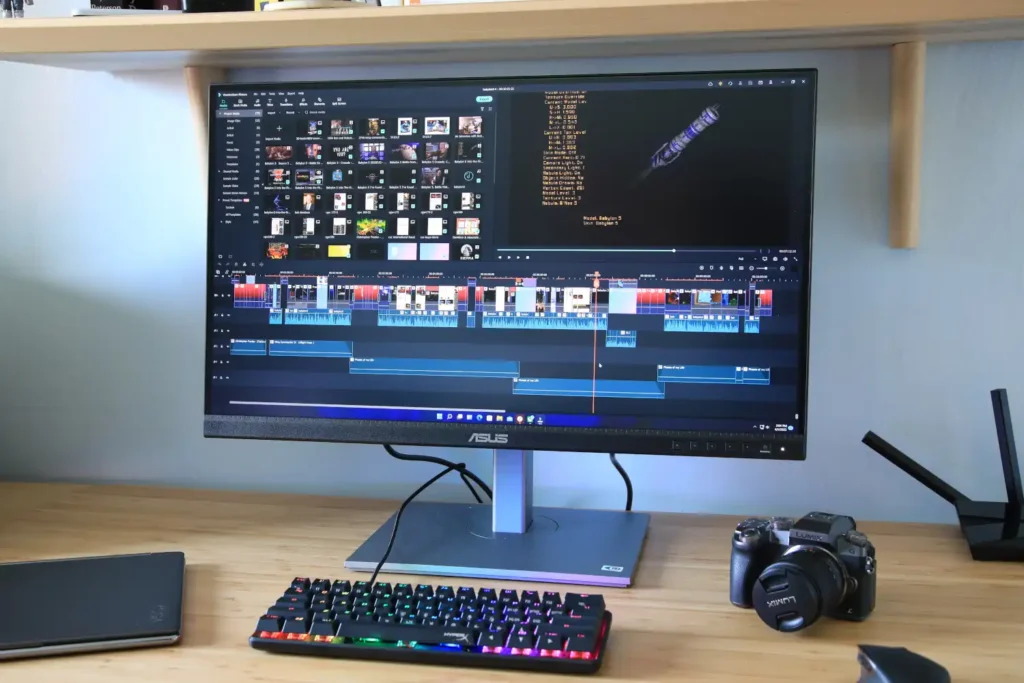 Monitor 4K ASUS folosit pentru editare video pe birou modern
