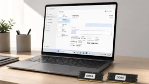Comparație DDR4 vs DDR5 pe laptop cu module RAM și Task Manager