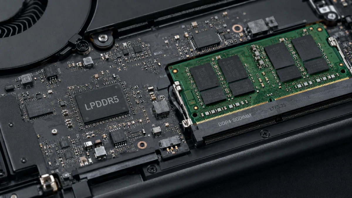 Cip LPDDR5 sudat pe placa de bază a laptopului lângă modul DDR4 SODIMM detașabil