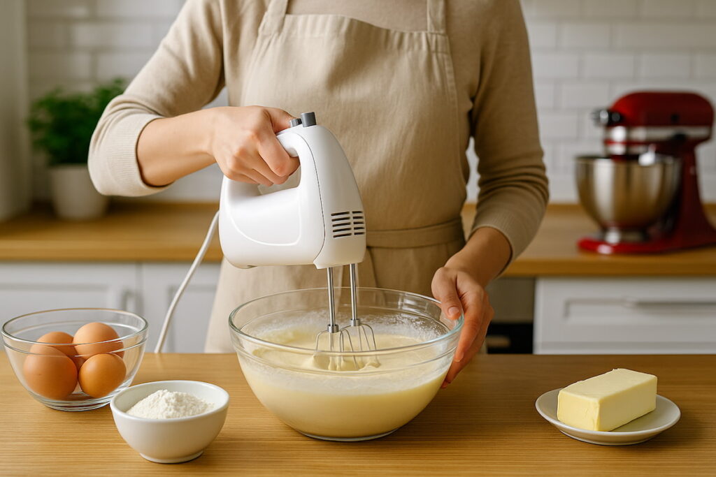 Persoană folosind un mixer de mână pentru a prepara aluat în bucătărie