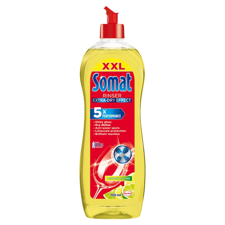 Soluție de clătire Somat Lemon & Lime pentru mașina de spălat vase, flacon de 750 ml