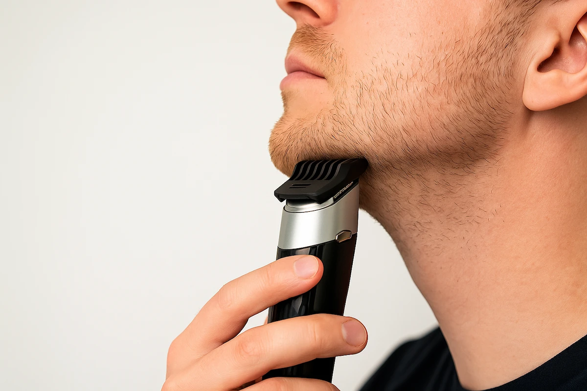 Bărbat folosind un aparat de tuns barba pentru conturul bărbii