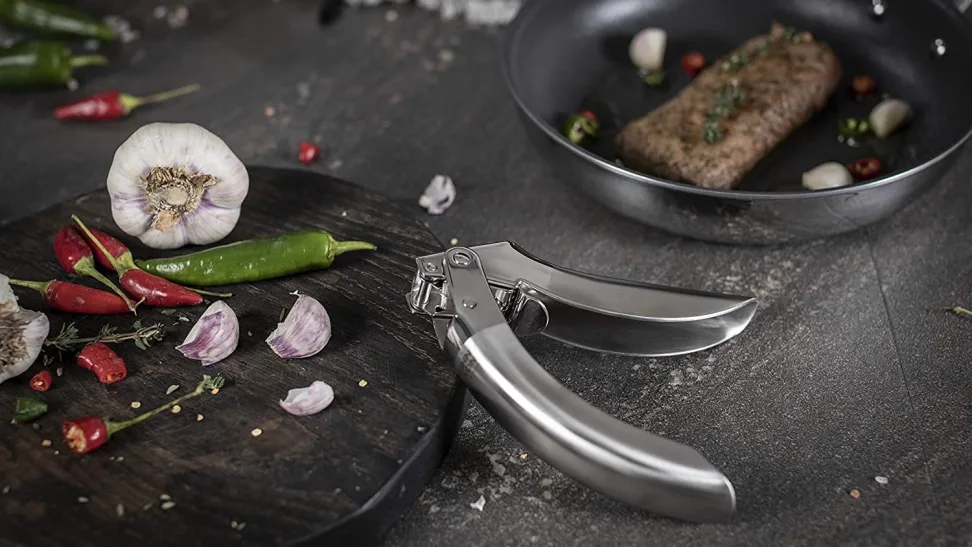 Presă de usturoi din inox pe blat de bucătărie cu usturoi și condimente