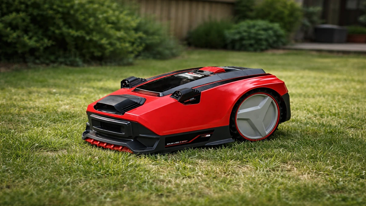 Robot de tuns iarba Einhell Freelexo CAM 500 pe gazon într-o curte mică