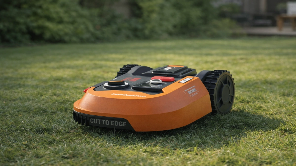 Robot de tuns iarba Worx Landroid M700 Plus pe gazon într-o curte rezidențială