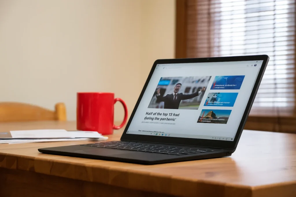 Laptop negru pe masă, cu ecran deschis pe un site modern de tehnologie.