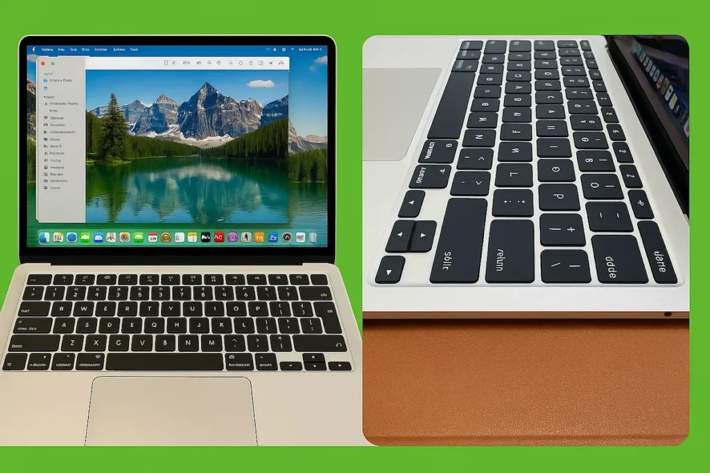 Tastatura Apple MacBook Air 13 M4 și ecran cu peisaj montan