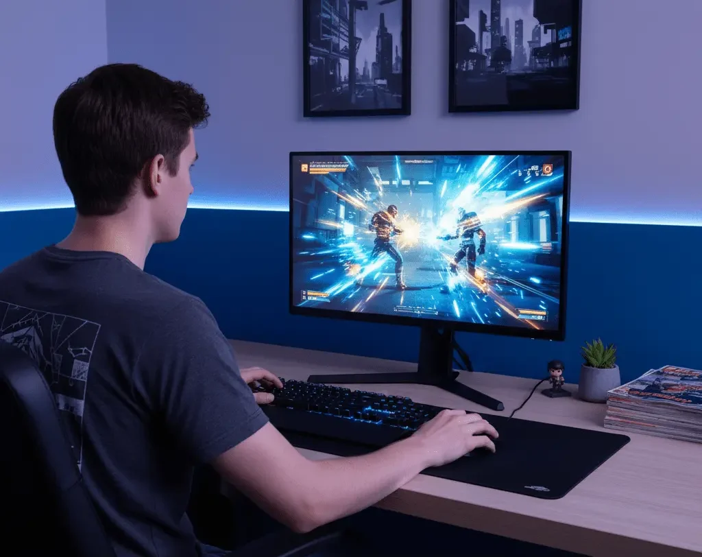 Tânăr jucând pe un monitor de gaming performant, birou modern