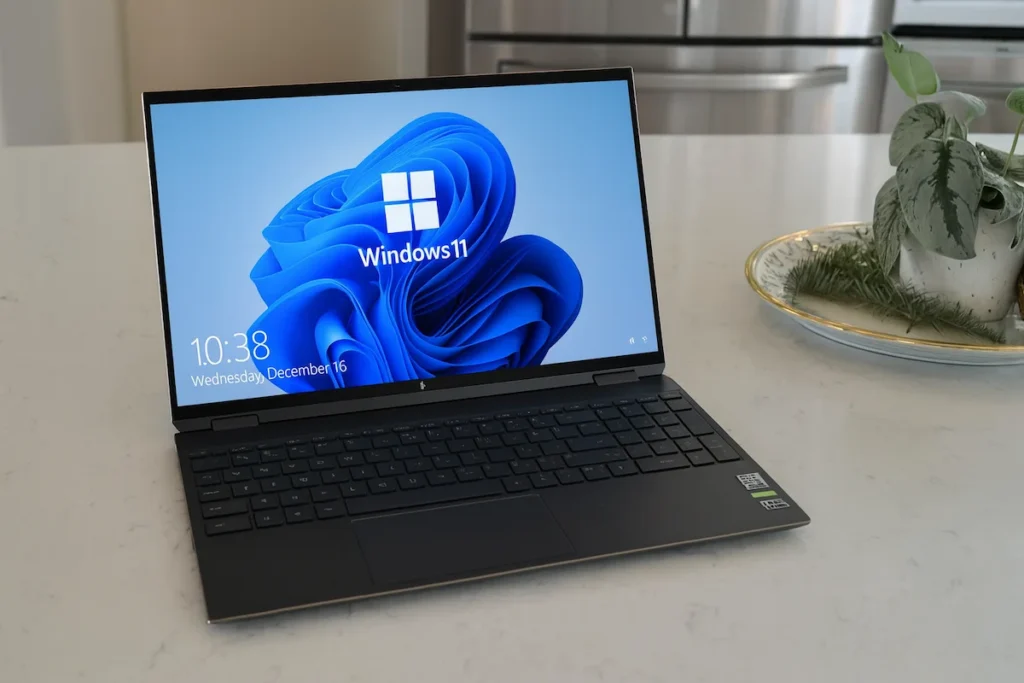 Laptop care rulează Windows 11, deschis pe un birou modern