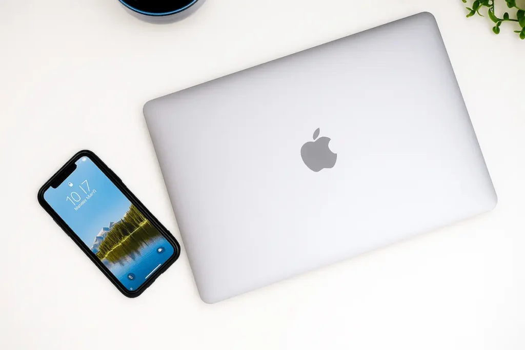 Laptop MacBook cu macOS și iPhone pe birou