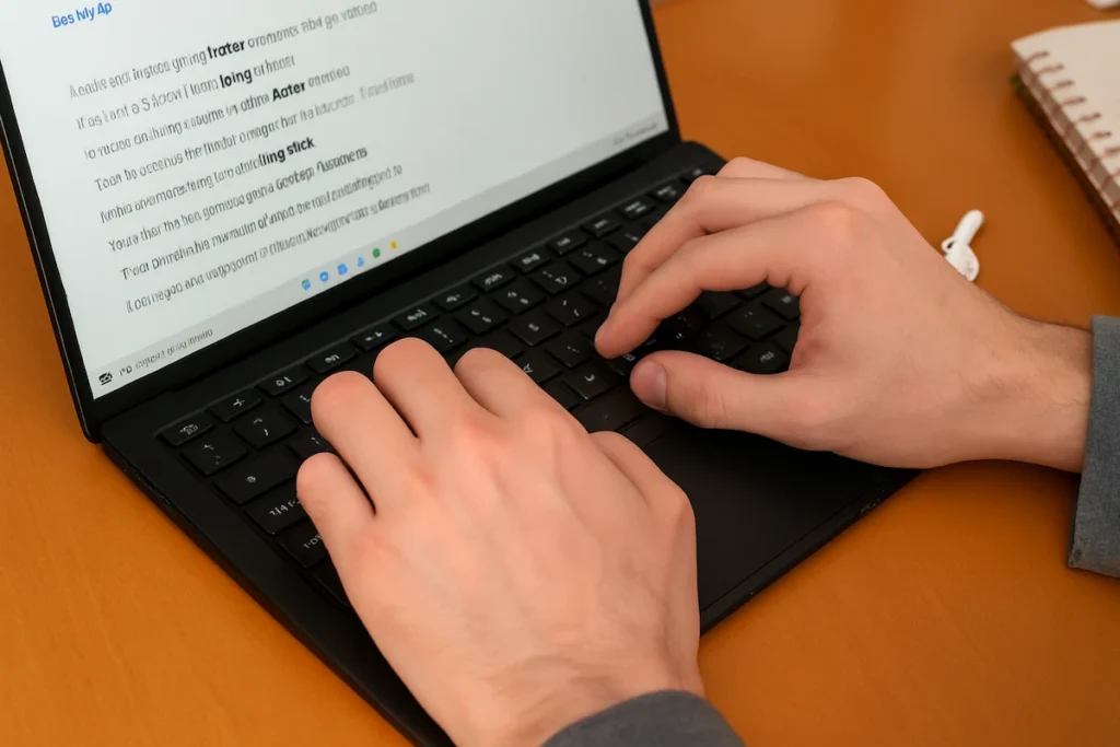 Persoană care tastează pe un laptop negru, așezat pe birou