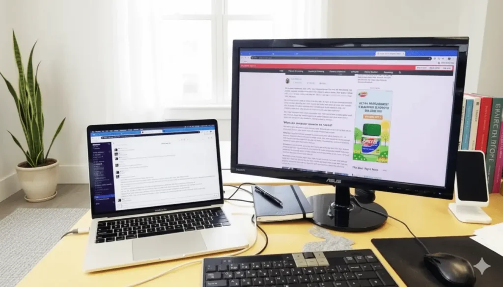 Configurație birou cu laptop conectat la monitor extern pentru productivitate