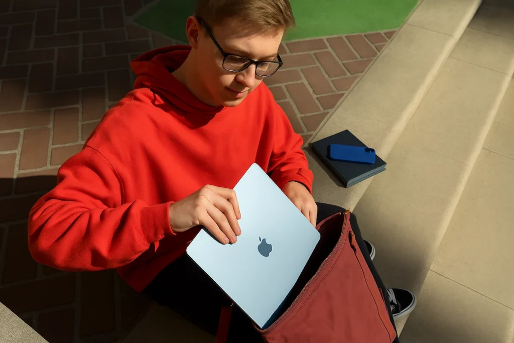 Student european scoate un Apple MacBook Air 13 M4 din rucsac, stând pe trepte