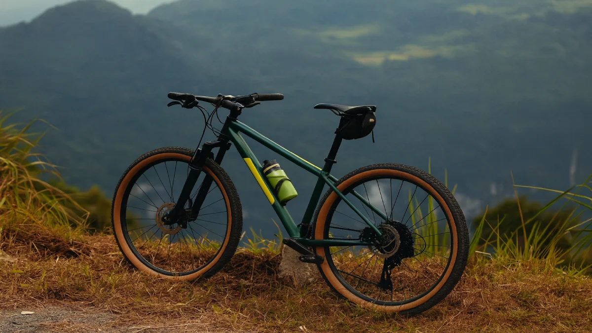 bicicletă MTB verde oprită pe marginea unui traseu montan, cu peisaj în fundal