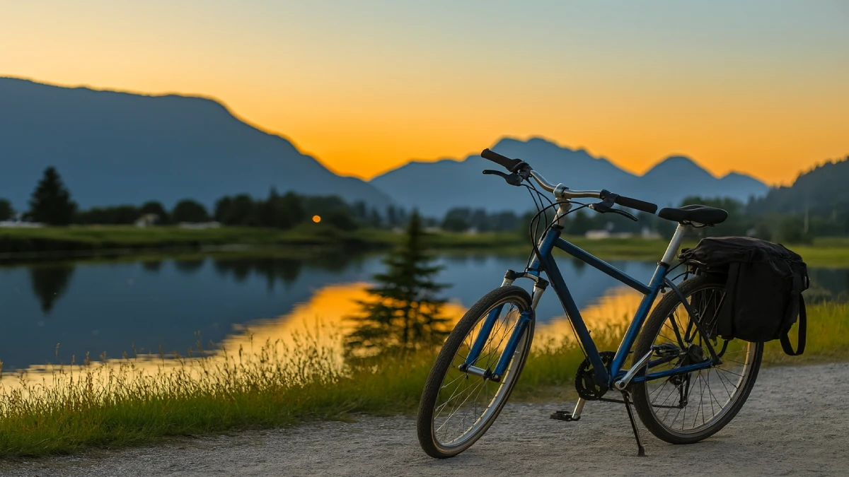 bicicletă touring albastră oprită lângă un lac la apus, cu munți în fundal