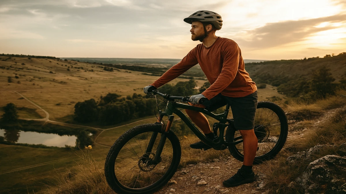 ciclist pe mountain bike oprit pe un traseu la apus, privind peisajul din vale