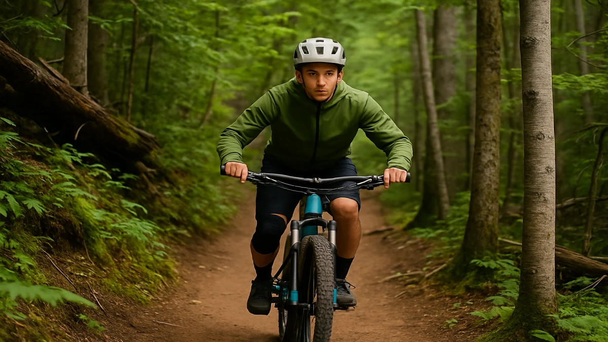 ciclist pe mountain bike într-o pădure deasă, coborând pe o potecă îngustă cu o bicicletă roșie