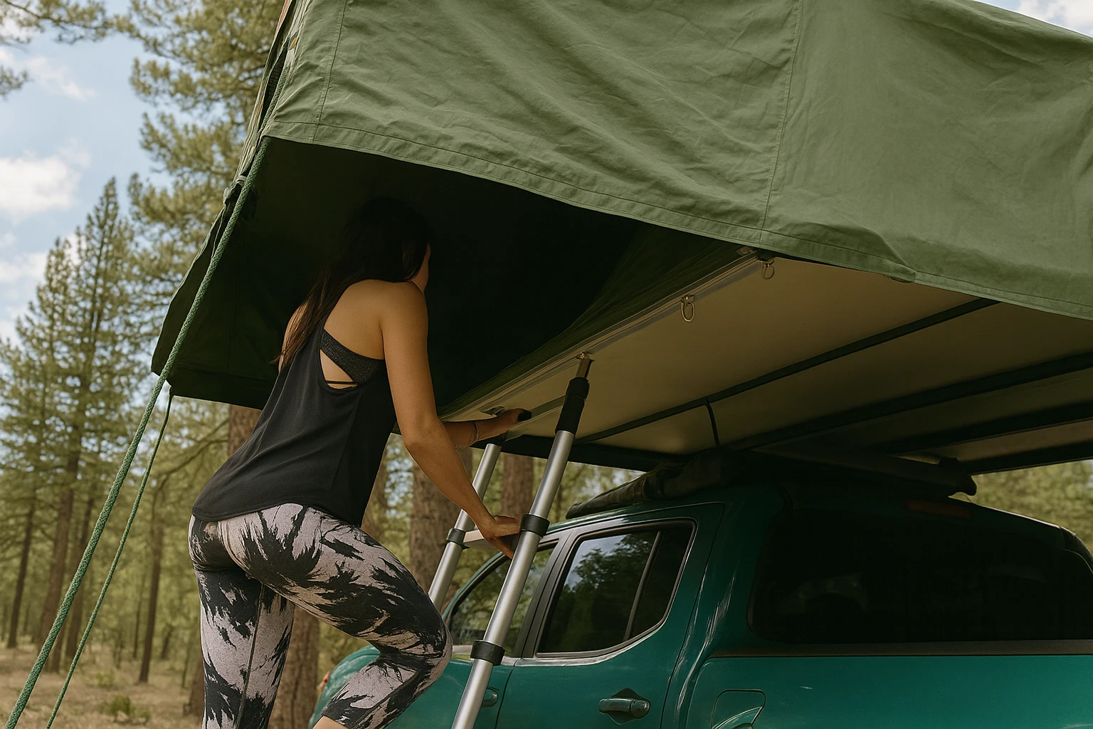 Femeie urcând pe o scară telescopică spre un cort de plafon auto montat pe un pickup verde, într-o pădure de pini.