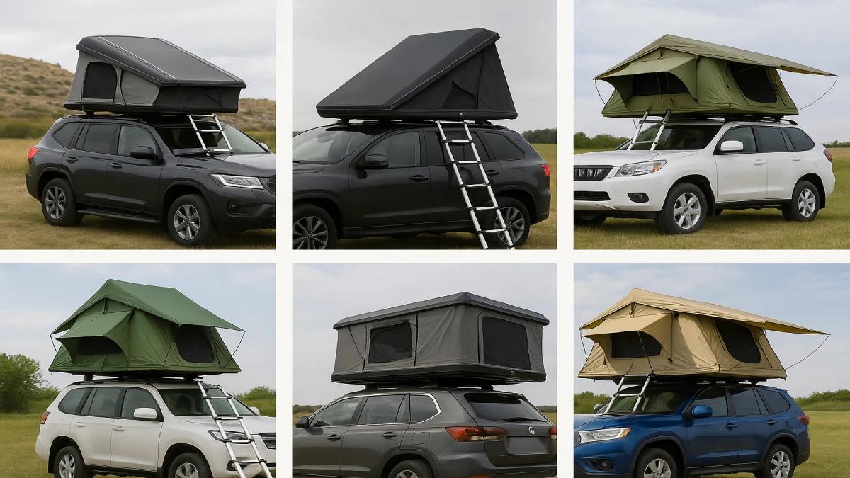 Collaj cu șase corturi de plafon auto montate pe SUV-uri, prezentate în diferite modele și culori pentru camping și overlanding.
