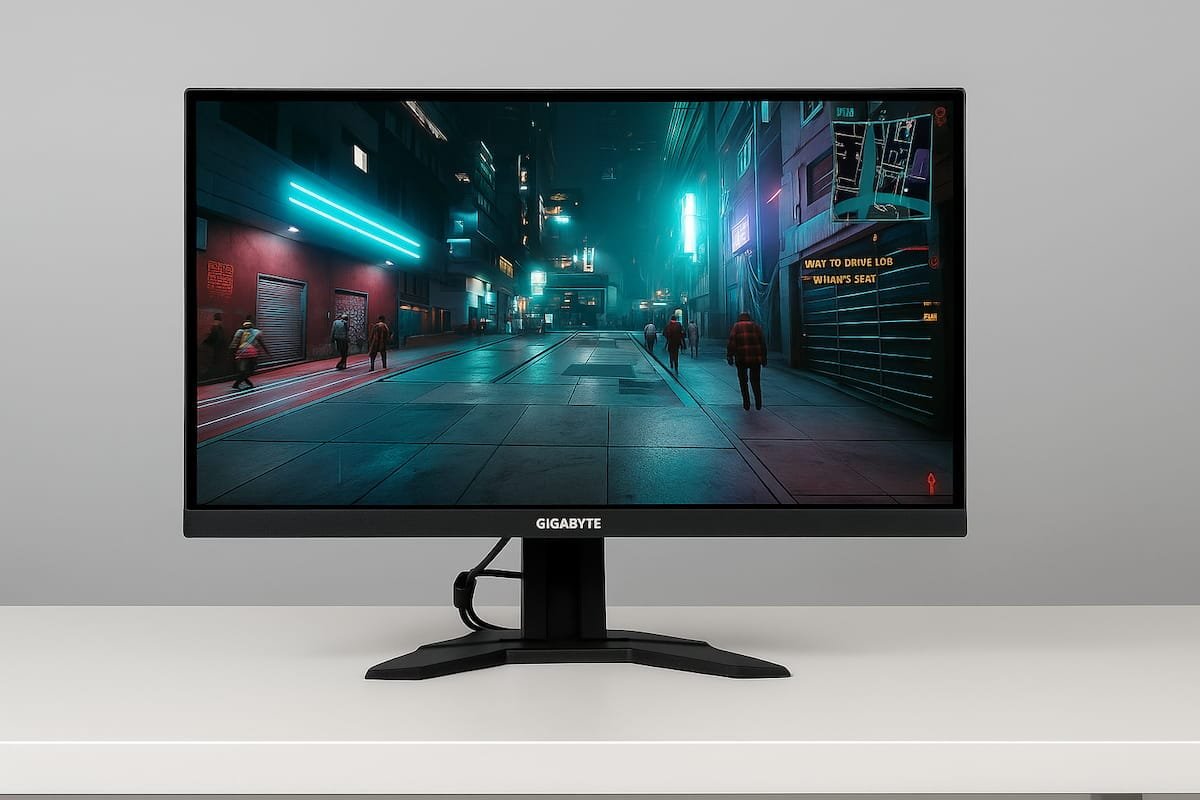 Monitor Gigabyte M27U 27 inch 4K pentru gaming, amplasat pe birou cu fundal gri neutru