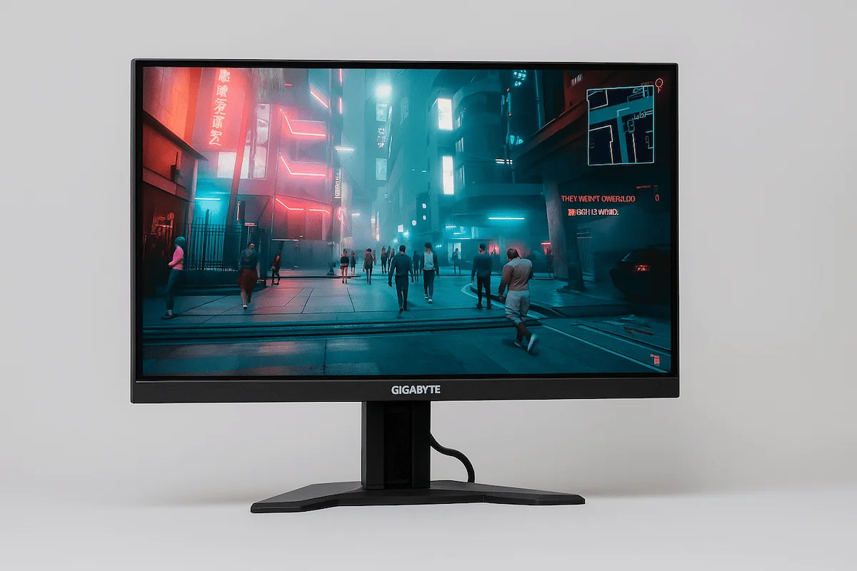 Monitor Gigabyte M27U 27 inch 4K pentru gaming, poziționat ușor spre stânga pe un birou cu fundal gri deschis