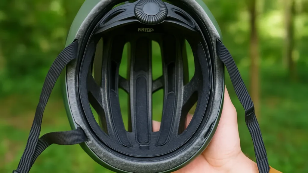 Interiorul unei căști de mountain bike, ținută în mână, cu sistem de ajustare și ventilații vizibile