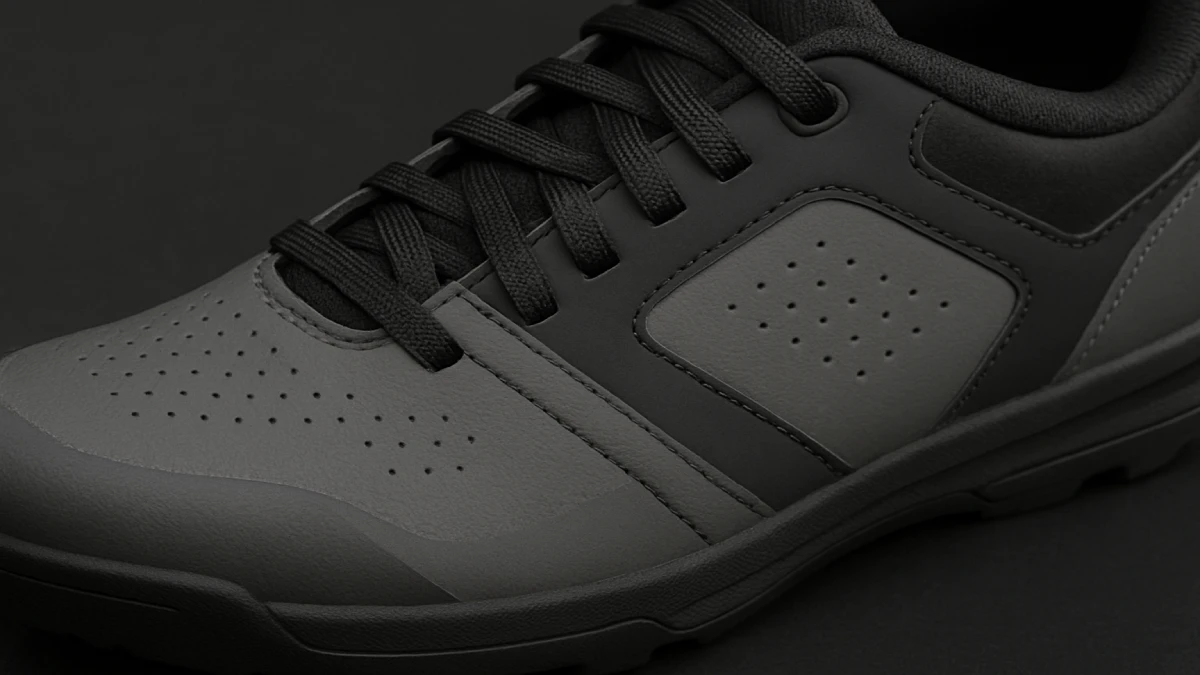 detaliu apropiat al unui pantof de mountain bike ce evidențiază materialele și construcția