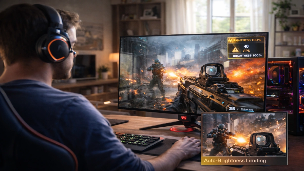 Monitor ASUS ROG Swift OLED PG32UCDM utilizat într-o cameră luminoasă, evidențiind limitările de luminozitate