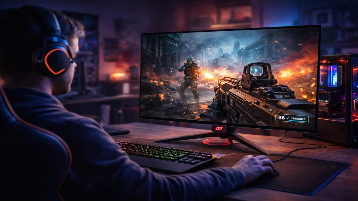 Monitor ASUS ROG Swift OLED PG32UCDM folosit într-un setup de gaming 4K