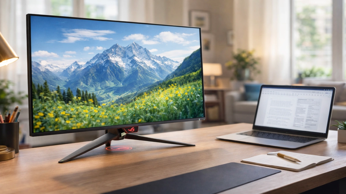 Monitor ASUS ROG Swift OLED PG32UCDM amplasat pe birou într-un setup de lucru modern