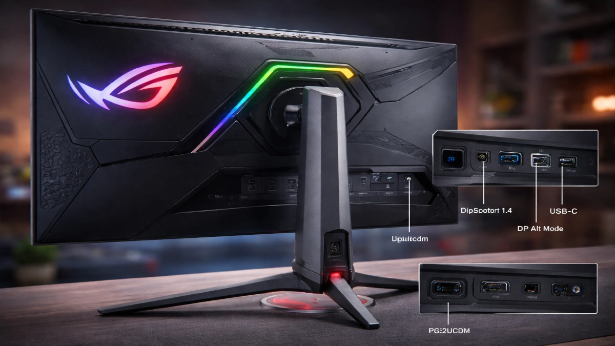 Spatele monitorului ASUS ROG Swift OLED PG32UCDM cu suportul și porturile de conectivitate