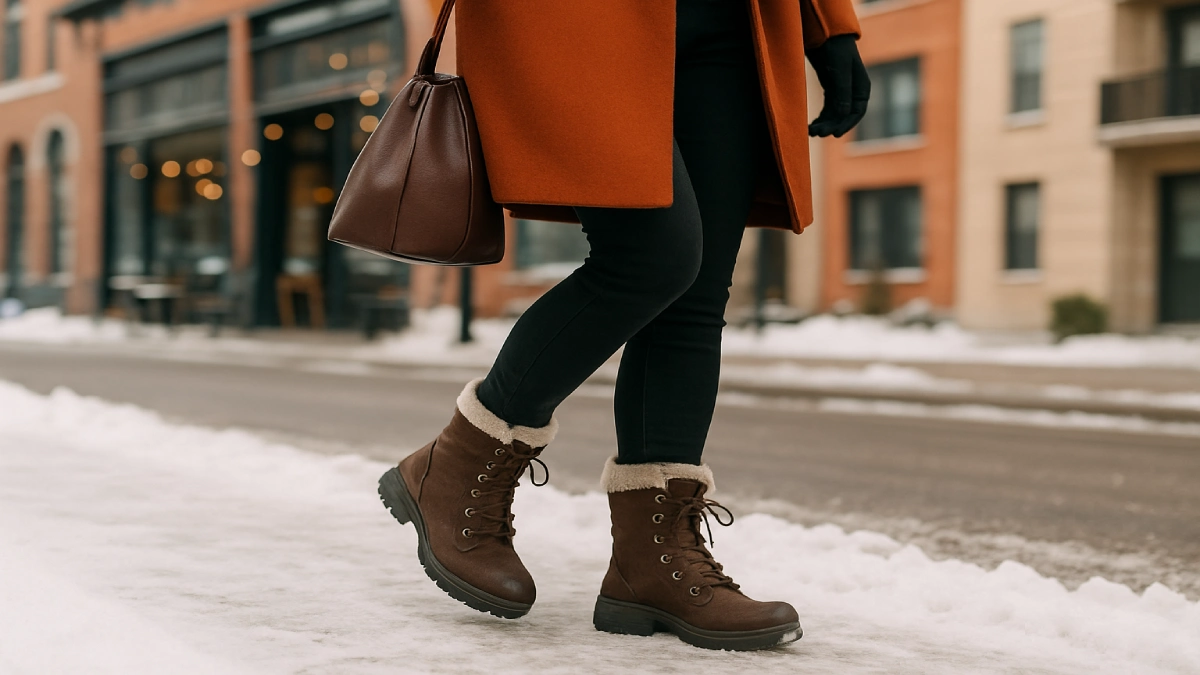 Cizme de iarnă pentru femei purtate în oraș, pe trotuar cu zăpadă, într-un context urban de iarnă