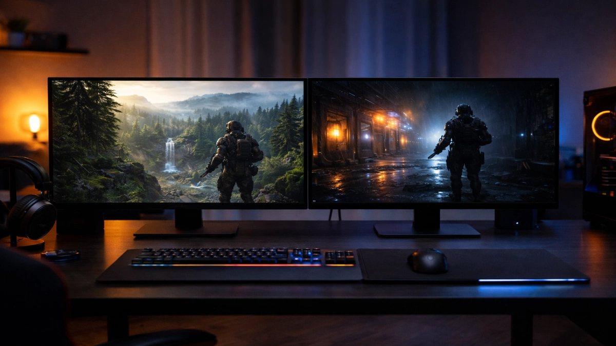 Două monitoare de gaming afișând scene diferite pentru comparație de contrast și claritate